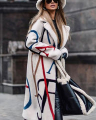 Casual Long Sleeve Lapel Printed Notched Collar Warm Midi Jacket Overcoat