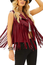 Women Faux Leather Vest Lapel Sleeveless Drape Tassel Open Front PU Fringe Jacket S-XXL - Zeagoo (Us Only)