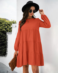 Long Puff Sleeve Shirt Dress Casual Crewneck Loose Fit Sundress Trendy Tiered Layer Summer Mini Dresses