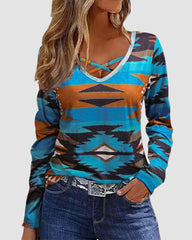 Print Pullover Top Cross V Neck Long Sleeves Casual Loose Sweatshirt Shirt