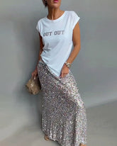 Two Piece Outfits Short Sleeve Round Neck T-Shirt Sequined Long Skirt Sets