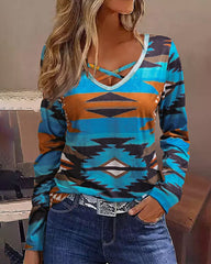 Print Pullover Top Cross V Neck Long Sleeves Casual Loose Sweatshirt Shirt