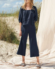 Solid Color Mid Sleeve Shirt & Cropped Pants Two Piece Set