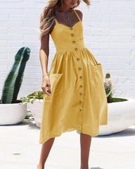 Solid Color Strap Open V-Neck Back Women's Dress with Pockets