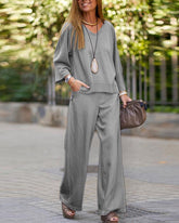 Two-Piece V-Neck Long-Sleeved Shirt and Solid Color Wide-Leg Pants Set