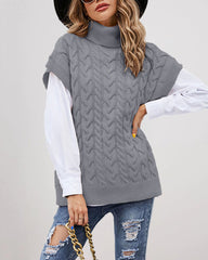 Turtleneck Sleeveless Cable Knitted Tank Tops Casual Loose Solid Sweater