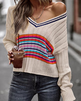 Striped Contrast V-Neck Dropped Shoulder Sweater