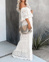 Off Shoulder Lace Maxi Dress Boho White Bridesmaid Wedding Evening Party Dresses