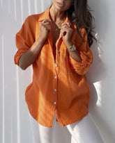 Solid Loose Single breasted Full Pull Long Sleeve Blouse Polo Pocket Tops