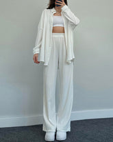 Elegant Solid Color Long-Sleeve Shirt Cardigan & Wide-Leg Pants Casual Set