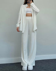 Elegant Solid Color Long-Sleeve Shirt Cardigan & Wide-Leg Pants Casual Set