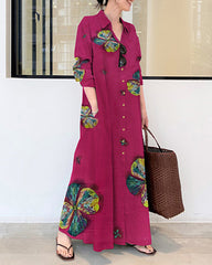 Lapel Long Sleeve Long Shirt Dress butterfly Printed Loose Plus Size Maxi Dresses