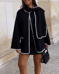 Hepburn Style Woolen Cape Coat With Scarf