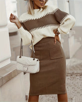 Casual Ribbed Two-piece Set, Color Block Knit Sweater & Solid Midi Sweater Skirts Outfits