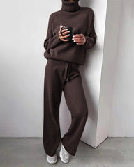 Women's Knitted Sweater Set Solid Color Two Piece Turtleneck Sweater Straight High Waist Wide Leg Pants Set