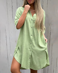 Casual Cotton Linen Short Sleeve Pocket Shirt Dress
