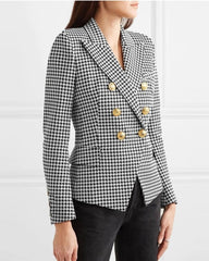Houndstooth Double Breasted Button Down Notch Collar Blazer Jacket with Pockets