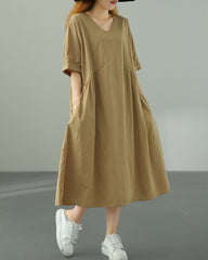 Summer Short Sleeve V-Neck Solid Cotton Casual Dress with Pockets