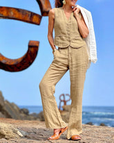 Street Style Two Pieces Sets Cotton Linen Vest Top High Waist Wide Leg Pants