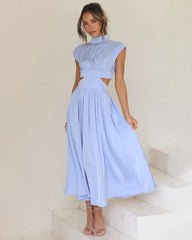 Stand Collar Solid Color Hollow Waist Long Dress