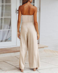 Solid Off Shoulder Bandeau Tube Tops Wide Leg Jumpsuit One Piece Cutout Tie Knot Romper Outfit