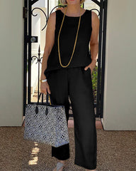 2 Piece Outfits Casual Sleeveless Solid Crew Neck Tank and Wide Leg Pants Lounge Set with Pockets