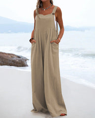 Casual Sleeveless Jumpsuits Summer Solid High Waist Wide Leg Pants Soft Rompers with Pockets