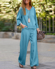 Two-Piece V-Neck Long-Sleeved Shirt and Solid Color Wide-Leg Pants Set