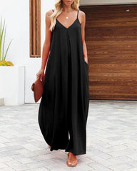 Summer Solid Color V Neck Suspenders Wrapped Wide Leg Long Rompers Pant Jumpsuits