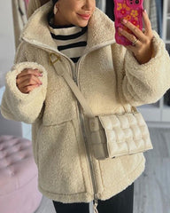 Teddy Fleece Jacket Cozy High Collar Zip-up Coat Fuzzy Winter Outwear with Pockets