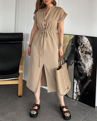 Cotton Linen Dress Round Neck Single Breasted Button Sleeves Drawstring Slit Mid Length Dress