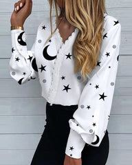Print V Neck Lace Long Sleeves Shirt Blouse Button Loose Tunic Top