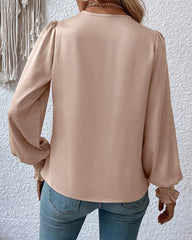 Elegant V-neck Lantern Sleeve Blouse Temperament Solid Color Shirt