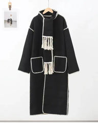 Women's Thickened Loose Woolen Longline Coat With Fringed Scarf