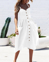 Solid Color Strap Open V-Neck Back Women's Dress with Pockets