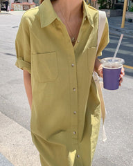 Oversized Button Down Maxi Shirt Dress Short Sleeve Side Split Casual Loose Solid Tunic Dress