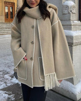 Women's Thickened Loose Woolen Coat with Fringed Scarf
