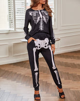 Skeleton Print Top & Pocket Design Pants Set