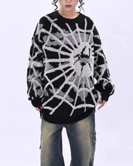 Oversized Spider Printed Knit Sweaters Casual Loose Round Neck Unisex Sweater