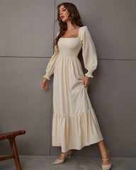 Solid Color Long Sleeve Dress Square Neck Lotus Leaf Maxi Dress
