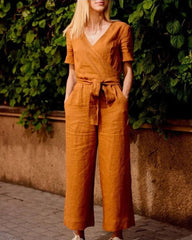 Short Sleeve Solid Color V Neck Soft Romper Jumpsuit with Belt