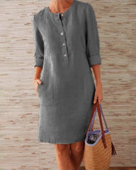 Solid Color Pockets Round Neck Long Sleeve Buttons Dress
