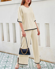 Contrasting Color Slit Short-sleeved Sweater Wide-leg Trousers Two-piece Set