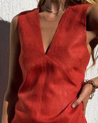 Cotton Linen Sleeveless Slim V-neck Vest Dress