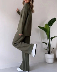 Solid Color Two Piece Set Casual Turtleneck Sweater Top & Wide Leg Pants