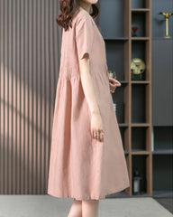 Crew Neck Cotton Linen Plain Dress Casual Loose Short Sleeve Sundress with Pockets
