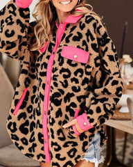 Polar Fleece Furry Coat Leopard Dot Pocket Dalmatian Spot Snap Button Plush Shaggy Jacket