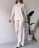 Solid Color Two Piece Set Casual Turtleneck Sweater Top & Wide Leg Pants