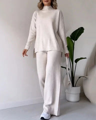 Solid Color Two Piece Set Casual Turtleneck Sweater Top & Wide Leg Pants