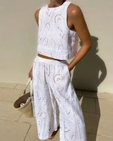 Two Piece Outfits Hollow Out Sleeveless Crop Tops Wide Leg Pants Set